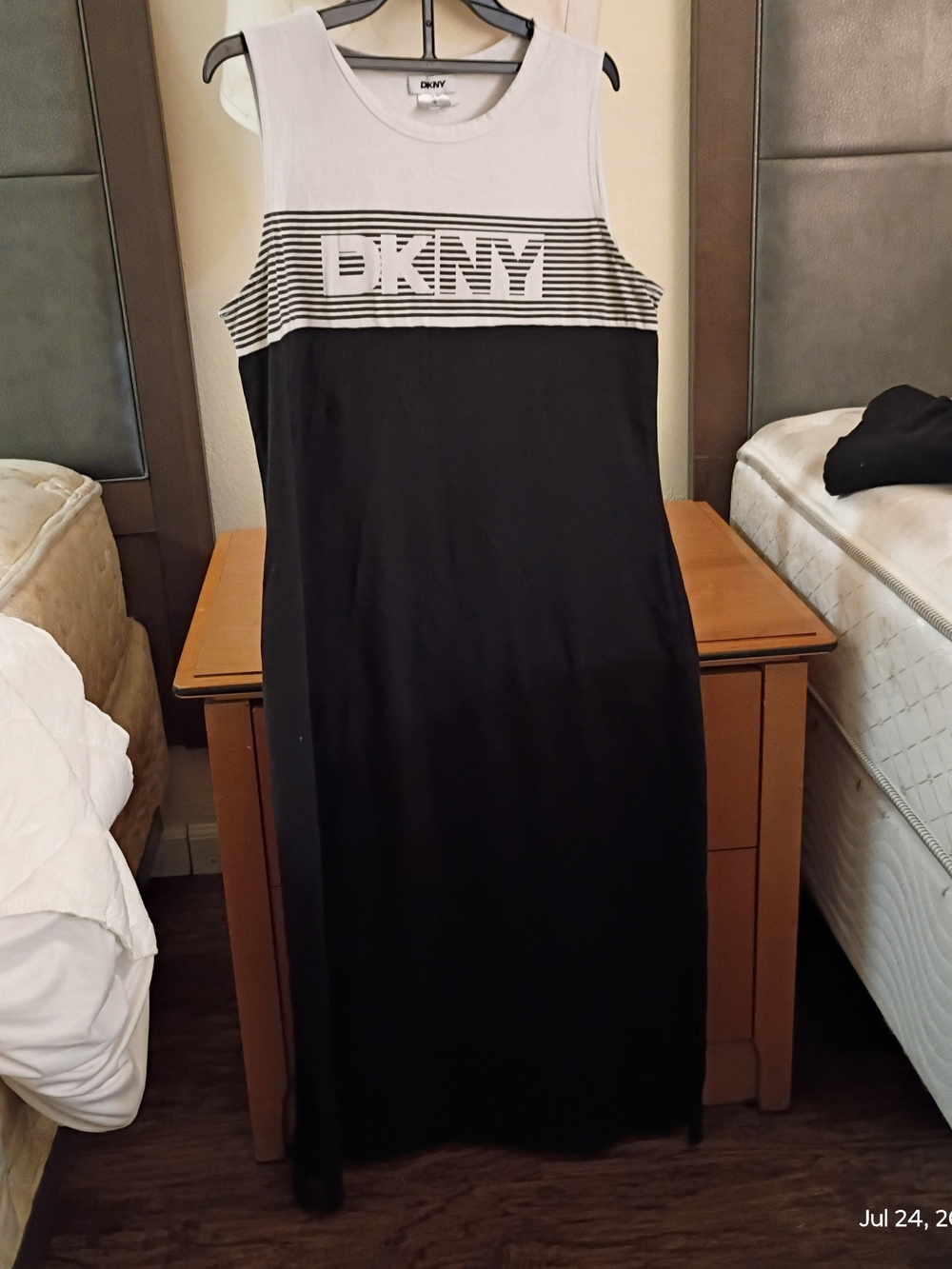 DKNY Black and White Sleeveless Logo Maxi Dress